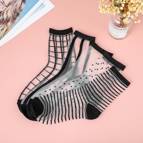 Lusofie 5 Pairs Sheer Socks Black See Through Socks Checkered Dot Striped Plaid Ankle Summer Socks for Women Thin Fashion in Kuwait