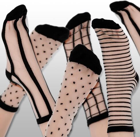 Lusofie 5 Pairs Sheer Socks Black See Through Socks Checkered Dot Striped Plaid Ankle Summer Socks for Women Thin Fashion in Kuwait