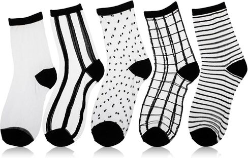 Lusofie 5 Pairs Sheer Socks Black See Through Socks Checkered Dot Striped Plaid Ankle Summer Socks for Women Thin Fashion in Kuwait