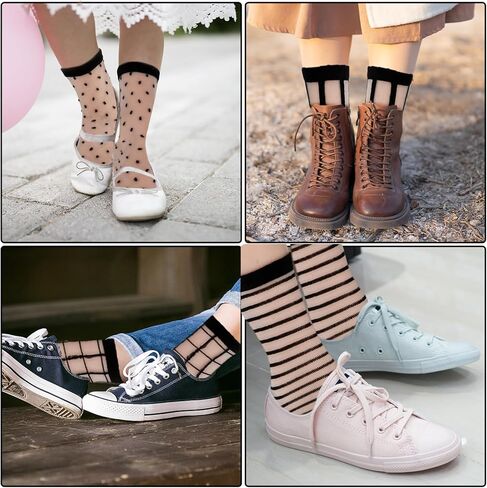 Lusofie 5 Pairs Sheer Socks Black See Through Socks Checkered Dot Striped Plaid Ankle Summer Socks for Women Thin Fashion in Kuwait