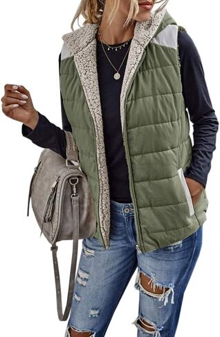 Womens Sherpa Fleece Full Zip Reversible Vest Warm Color Block Hoodie Outwear with Pocket in Kuwait