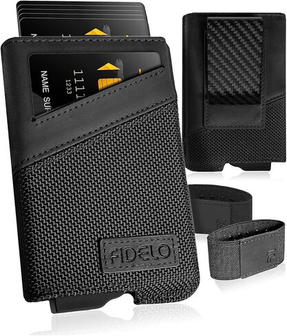محفظة Fidelo Minimalist للرجال - محفظة منبثقة مع حامل بطاقة ومشبك نقود مغناطيسي. محفظة RFID للوصول السريع للبطاقة، مصنوعة من الألومنيوم وحقيبة جلدية قابلة للإزالة - أسود in Kuwait