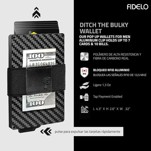 محفظة Fidelo Minimalist للرجال - محفظة منبثقة مع حامل بطاقة ومشبك نقود مغناطيسي. محفظة RFID للوصول السريع للبطاقة، مصنوعة من الألومنيوم وحقيبة جلدية قابلة للإزالة - أسود in Kuwait