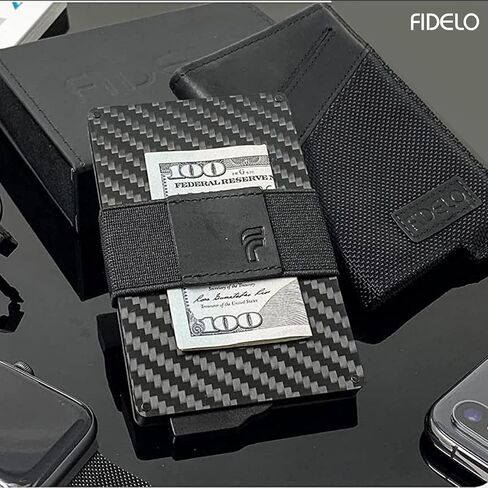 محفظة Fidelo Minimalist للرجال - محفظة منبثقة مع حامل بطاقة ومشبك نقود مغناطيسي. محفظة RFID للوصول السريع للبطاقة، مصنوعة من الألومنيوم وحقيبة جلدية قابلة للإزالة - أسود in Kuwait