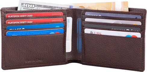 محفظة ديلورو من جلد الجاموس المحبب بالكامل رفيعة ثنائية الطي للرجال مع تقنية حجب RFID تحمل 8 بطاقات تناسب معظم الجيوب الأمامية بني هنتر داكن in Kuwait