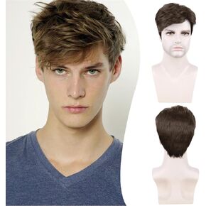 PHOCAS Mens Wig, Short Mens Black Wig Layered Natural Fluffy Synthetic Wig for Men Heat Resistant Halloween Cosplay