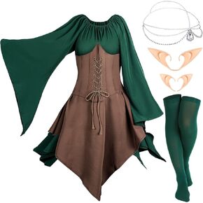 Eurzom Medieval Fairy Costume Set Women's Renaissance Dress Elf Girls Cosplay Accessories Rhinestone Drop Headpiece Elf Ears