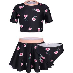 Arshiner Girls' 3 Pieces Swimsuits Short Sleeve Crop Tops Skirt Bikini Set Rash Guard Swimwear for 5-13 Years Girl in Saudi Arabia