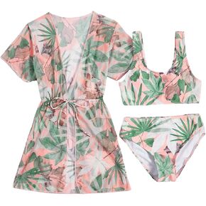 WDIRARA Toddler Girl's 3 Pieces Tropical Print Bikini Swimsuit with Belted Cover Up Kimono