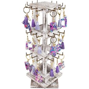 Ikee Design Wood Rotating Jewelry Display,Spinning Keychain Display Stand, Rotating Jewelry Display Tower,36 Hooks Spinning Earring Display Rack for Vendor, Store and Home, Antique White Color