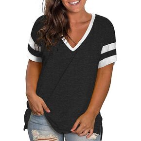 ROSRISS Plus-Size Womens Tops V Neck Color Block Tee Side Split Striped Tunics