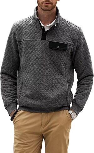 Men's Quilted 1/4 Snap Sweatshirts Outdoor Casual Long Sleeve Henley Pullover Sweatshirts in Saudi Arabia