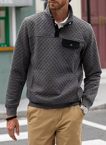 Men's Quilted 1/4 Snap Sweatshirts Outdoor Casual Long Sleeve Henley Pullover Sweatshirts in Saudi Arabia