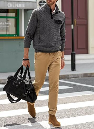 Men's Quilted 1/4 Snap Sweatshirts Outdoor Casual Long Sleeve Henley Pullover Sweatshirts in Saudi Arabia