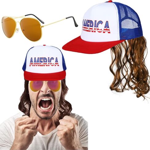 Matiniy 3Pcs Mullet Wig Hat Set Include Hat Wig and Sunglasses for Men 4th of July White Trash Party Supply in Saudi Arabia