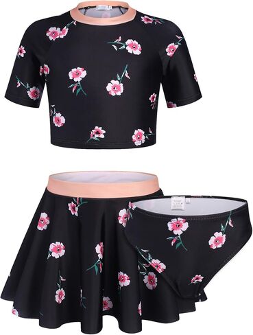 Arshiner Girls' 3 Pieces Swimsuits Short Sleeve Crop Tops Skirt Bikini Set Rash Guard Swimwear for 5-13 Years Girl in Saudi Arabia