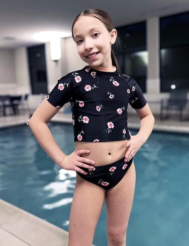 Arshiner Girls' 3 Pieces Swimsuits Short Sleeve Crop Tops Skirt Bikini Set Rash Guard Swimwear for 5-13 Years Girl in Saudi Arabia