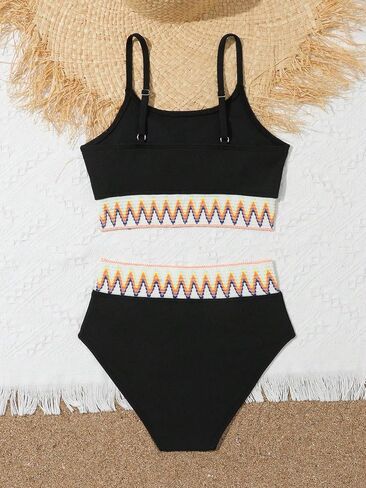 SHENHE Girl's 2 Piece Swimsuit High Waisted Spagehtti Strap Chevron Tape Bathing Suit in Saudi Arabia