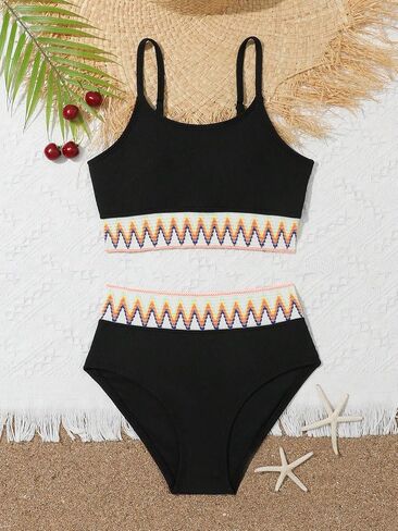 SHENHE Girl's 2 Piece Swimsuit High Waisted Spagehtti Strap Chevron Tape Bathing Suit in Saudi Arabia