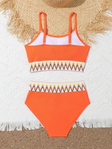 SHENHE Girl's 2 Piece Swimsuit High Waisted Spagehtti Strap Chevron Tape Bathing Suit in Saudi Arabia