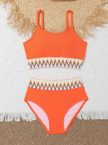 SHENHE Girl's 2 Piece Swimsuit High Waisted Spagehtti Strap Chevron Tape Bathing Suit in Saudi Arabia