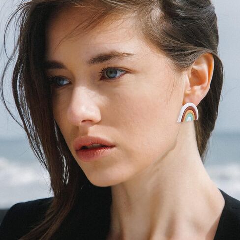 Boho Polymer Clay Rainbow Earrings for Women and Girls Dangling, Cute Multicolor Handmade Vintage Bohemian Tassel U Shape Oval and Round Shape Ceramic Clay Drop Earrings Pendant Bulk Jewelry in Saudi Arabia