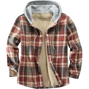 Derbars Men's Cotton Plaid Shirts Jacket Fleece Lined Flannel Shirts Sherpa Button Down Jackets with Hood for Men