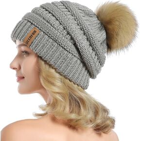 QUEENFUR Women Knit Slouchy Beanie Chunky Baggy Hat with Faux Fur Pompom Winter Soft Warm Ski Cap
