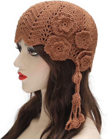 ZLYC Women Cotton Crochet Skull Cap Handmade Knit Cutout Floral Beanie Hat in Kuwait