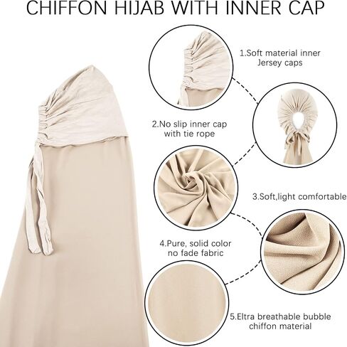 Faticinfa Instant Chiffon Hijab with Tie Back Under Cap Solid Color Soft Chiffon Scarf With Hijab Inner Caps For Muslim Women in Saudi Arabia