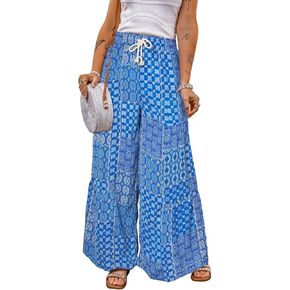 Happy Sailed Womens Boho Print Palazzo Pants Elastic High Waist Drawstring Wide Leg Hippie Flowy Pants in Saudi Arabia