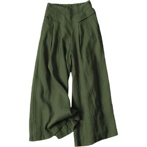 Bianstore Women's Culottes Linen Cropped Wide Leg Pants Elastic Waist Casual Palazzo Trousers with Pockets
