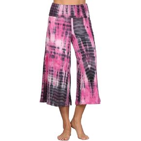 HEYHUN Women's Solid Tie Dye Wide Leg Flared Capri Boho Gaucho Pants w/Lace Detail
