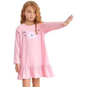 QPANCY Girls Nightgown Lovely Long Sleeve Princess Nightdress Soft Cotton Sleepwear Kids