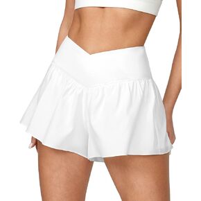 Ewedoos Crossover Flowy Athletic Shorts for Women with 3 Pockets 2 in 1 Butterfly Shorts High Waisted Running Shorts