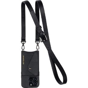 Bandolier Hailey Crossbody Wallet Phone Case for iPhone 16 Pro Max. 100% Genuine Pebble Leather with Gold Hardware. Adjustable & Removable Strap. Expandable Flip Card Holder. Black with Gold
