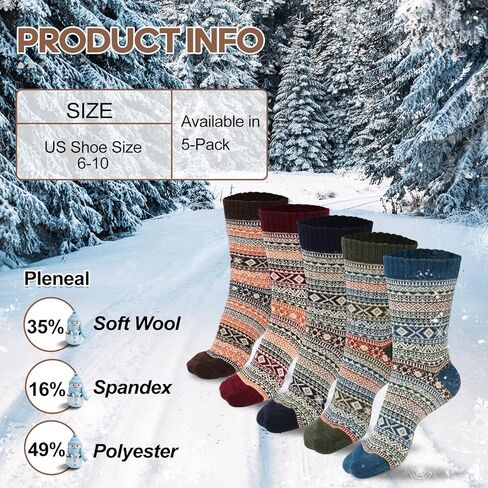 بويزوي يو جوارب صوف للنساء - جوارب صوف كلاسيكية دافئة، جوارب صوف سميكة ناعمة محبوكة، جوارب رجالية سميكة محبوكة، جوارب طويلة للنساء، 5 ازواج بنمط نورديك، 6-10، 9, 5 أزواج من الطراز الاسكندنافي، 6-10 in Kuwait