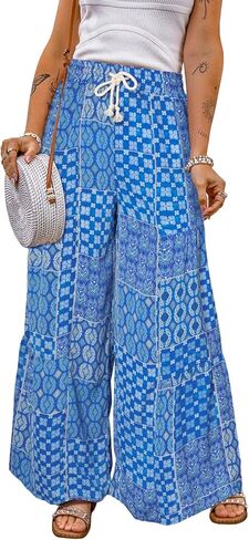 Happy Sailed Womens Boho Print Palazzo Pants Elastic High Waist Drawstring Wide Leg Hippie Flowy Pants in Saudi Arabia