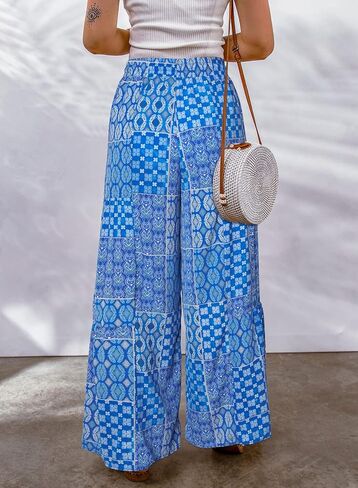 Happy Sailed Womens Boho Print Palazzo Pants Elastic High Waist Drawstring Wide Leg Hippie Flowy Pants in Saudi Arabia
