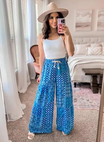 Happy Sailed Womens Boho Print Palazzo Pants Elastic High Waist Drawstring Wide Leg Hippie Flowy Pants in Saudi Arabia