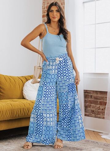 Happy Sailed Womens Boho Print Palazzo Pants Elastic High Waist Drawstring Wide Leg Hippie Flowy Pants in Saudi Arabia