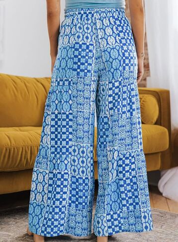 Happy Sailed Womens Boho Print Palazzo Pants Elastic High Waist Drawstring Wide Leg Hippie Flowy Pants in Saudi Arabia