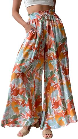 YOCUR Women Summer Beach Vacation Pants High Waisted Wide Leg Pants Printed Loose Flowy Palazzo Lounge Trousers in Kuwait