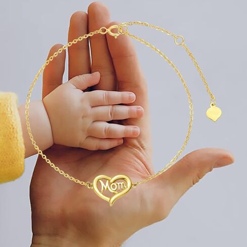 Rikelus 14K الذهب الحقيقي سوار أمي لعيد ميلاد الأم، الذهب الأصفر الأم القلب سوار أحبك أمي مجوهرات هدايا للنساء الأم الجدة 6.5 + 2 بوصة in Saudi Arabia