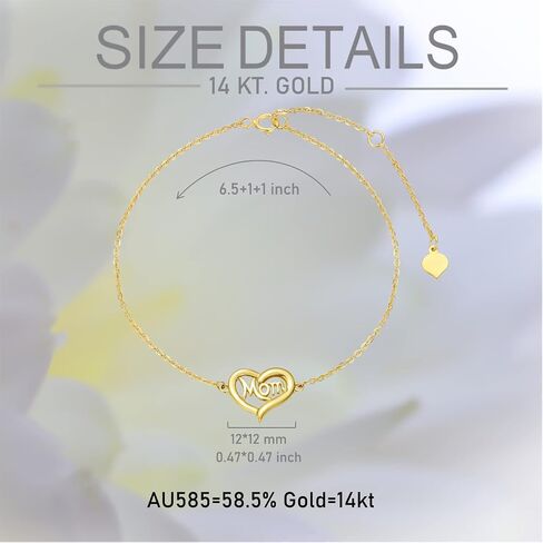 Rikelus 14K الذهب الحقيقي سوار أمي لعيد ميلاد الأم، الذهب الأصفر الأم القلب سوار أحبك أمي مجوهرات هدايا للنساء الأم الجدة 6.5 + 2 بوصة in Saudi Arabia