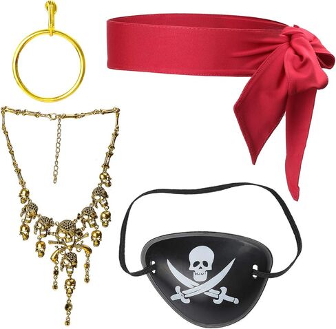 Beelittle Captain Pirate Costume Accessories Set Red Headband Pirate Skull Eye Patch Gold Earrring Necklace in Kuwait