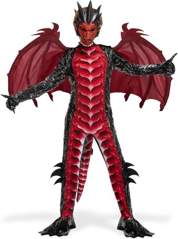 زي تنين تنين أسود وأحمر للأطفال من شركة Spooktacular Creations، مجموعة أجنحة تنين للأولاد وذيل وقناع لملابس الهالوين in Kuwait