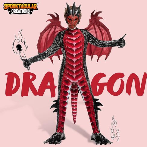 زي تنين تنين أسود وأحمر للأطفال من شركة Spooktacular Creations، مجموعة أجنحة تنين للأولاد وذيل وقناع لملابس الهالوين in Kuwait