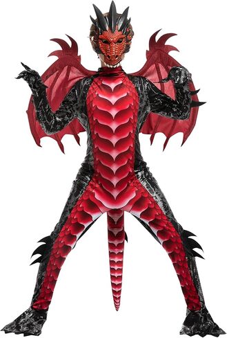 زي تنين تنين أسود وأحمر للأطفال من شركة Spooktacular Creations، مجموعة أجنحة تنين للأولاد وذيل وقناع لملابس الهالوين in Kuwait