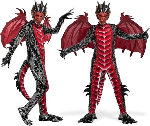 زي تنين تنين أسود وأحمر للأطفال من شركة Spooktacular Creations، مجموعة أجنحة تنين للأولاد وذيل وقناع لملابس الهالوين in Kuwait